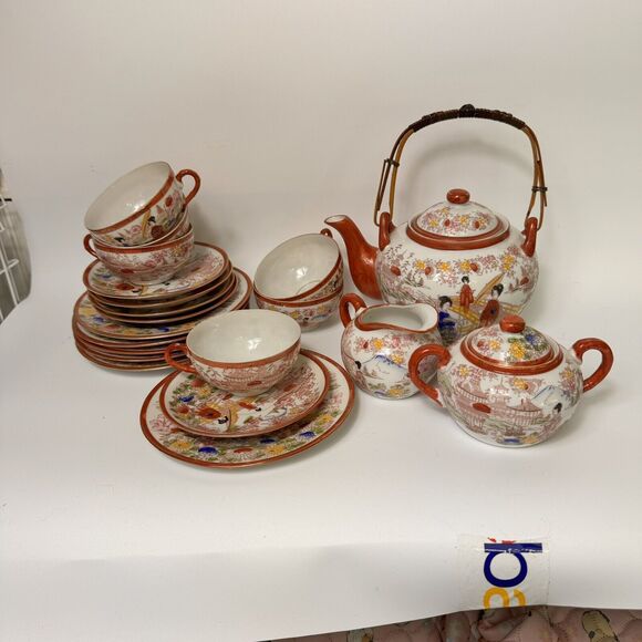 Japanese Kutani Style Full Tea Set Eggshell Porcelain Geisha 20 Piece (read) - Picture 2 of 16
